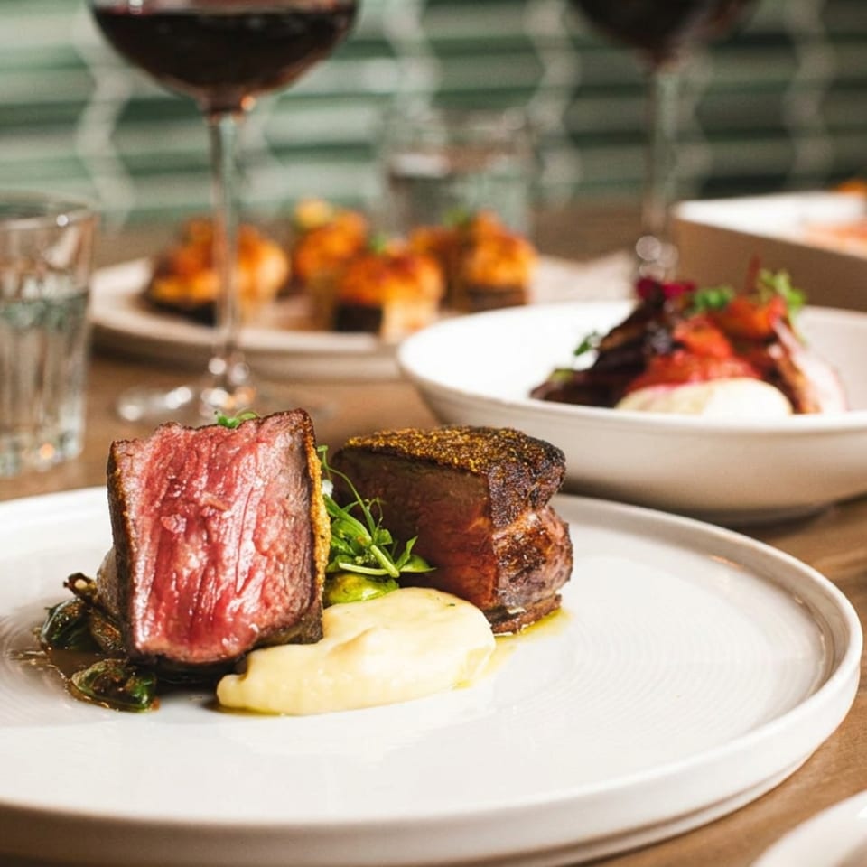 Perfectly cooked steak with mashed potatoes and greens, surrounded by other dishes and wine glasses.