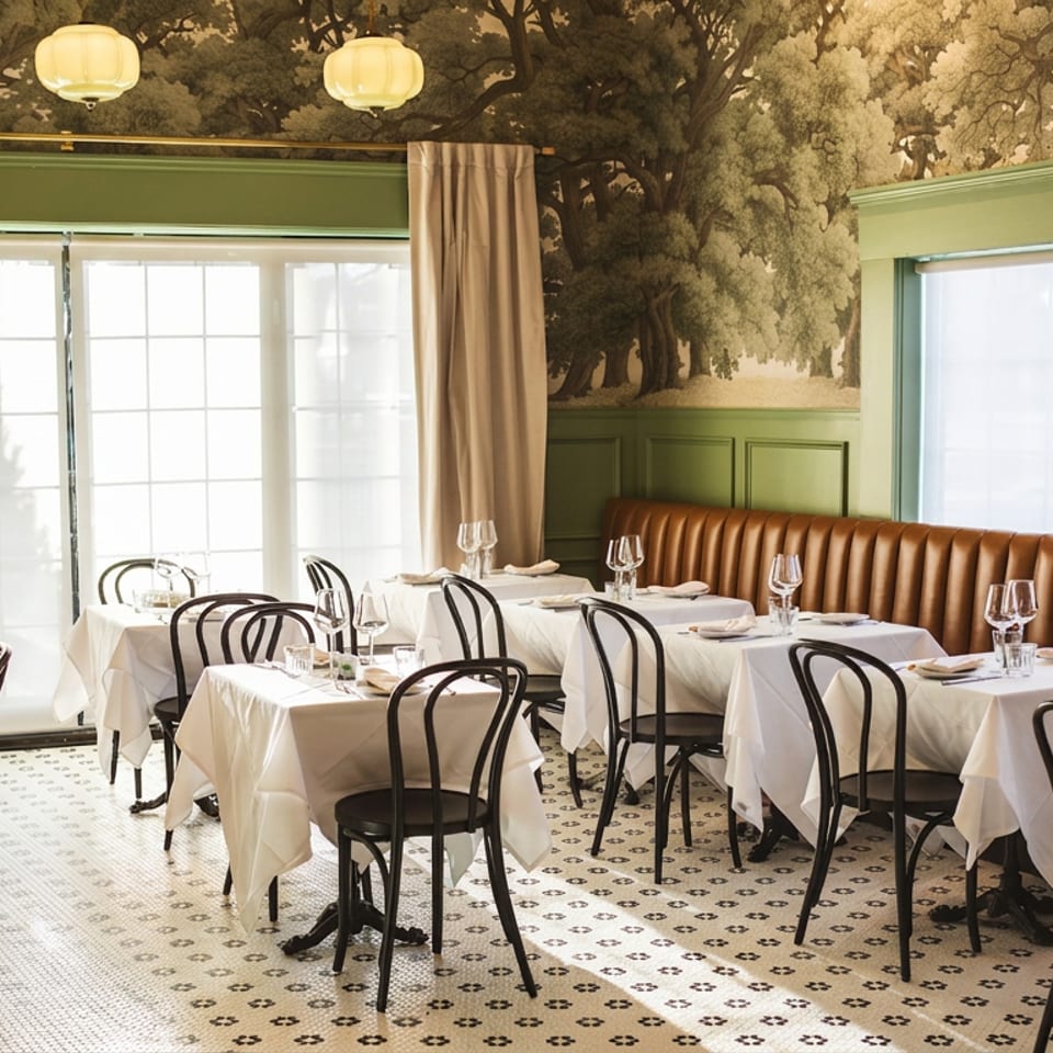 Elegant dining room with white tablecloths, black chairs, green walls, and tree-patterned wallpaper.